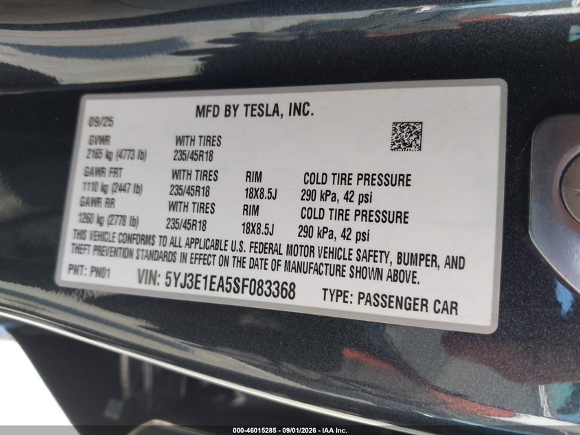 TESLA MODEL 3 2025 VIN 5YJ3E1EA5SF083368