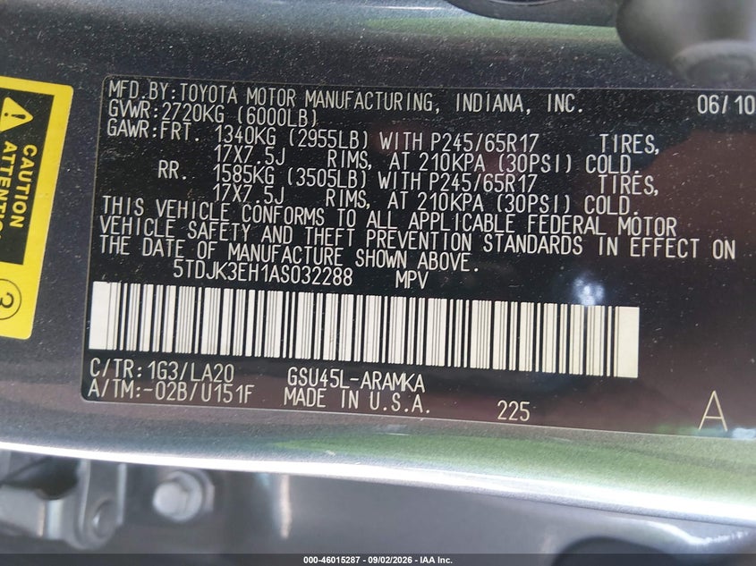 TOYOTA HIGHLANDER 2010 VIN 5TDJK3EH1AS032288