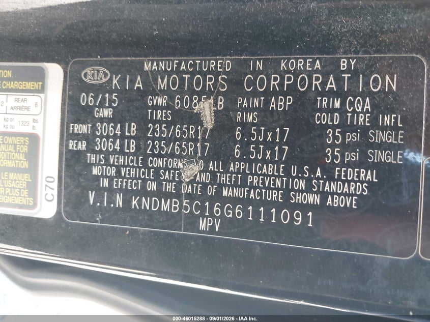 KIA SEDONA 2016 VIN KNDMB5C16G6111091