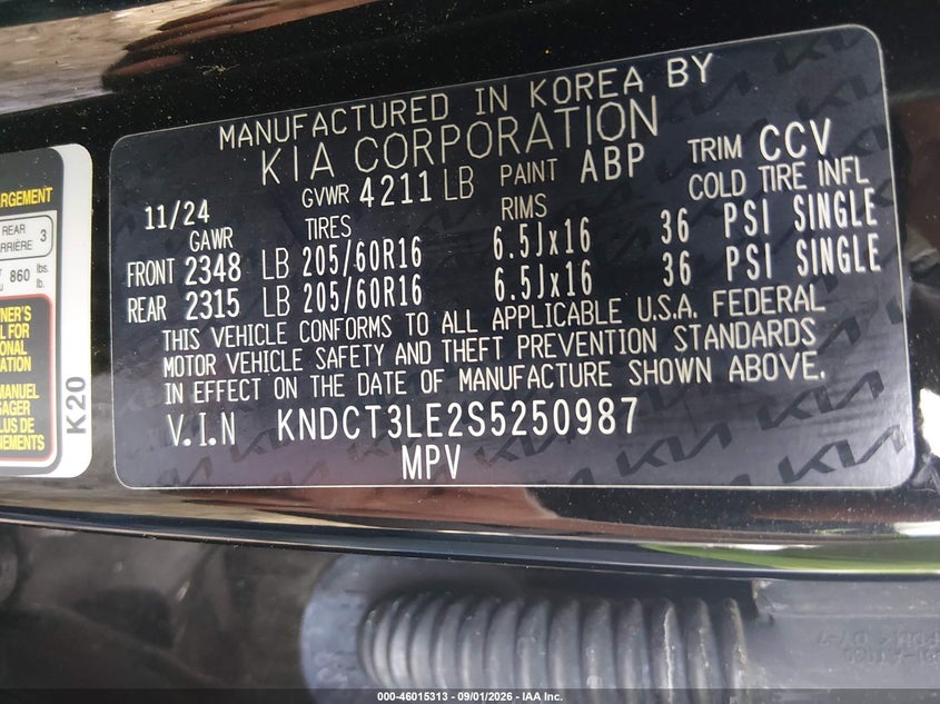 KIA NIRO 2025 VIN KNDCT3LE2S5250987
