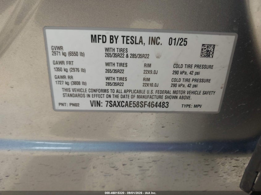 TESLA MODEL X 2025 VIN 7SAXCAE58SF464483