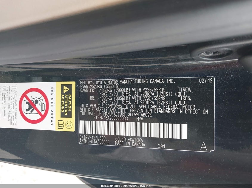 LEXUS RX 350 2012 VIN 2T2ZK1BA2CC080033