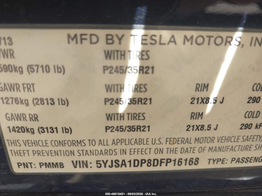 TESLA MODEL S 2013 VIN 5YJSA1DP8DFP16168