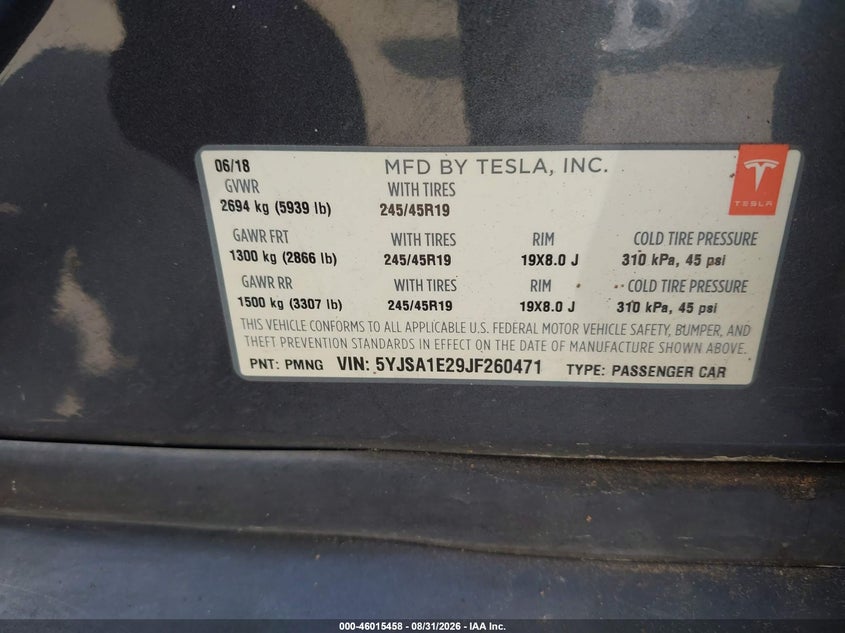 TESLA MODEL S 2018 VIN 5YJSA1E29JF260471