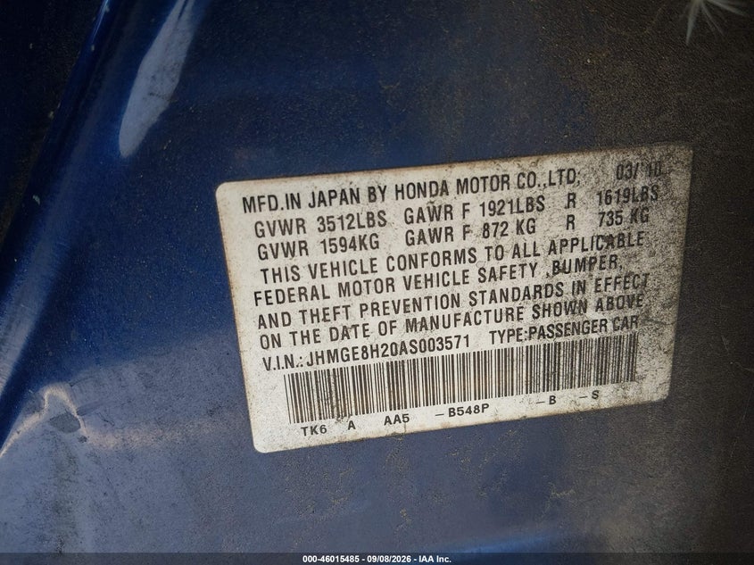 HONDA FIT 2010 VIN JHMGE8H20AS003571