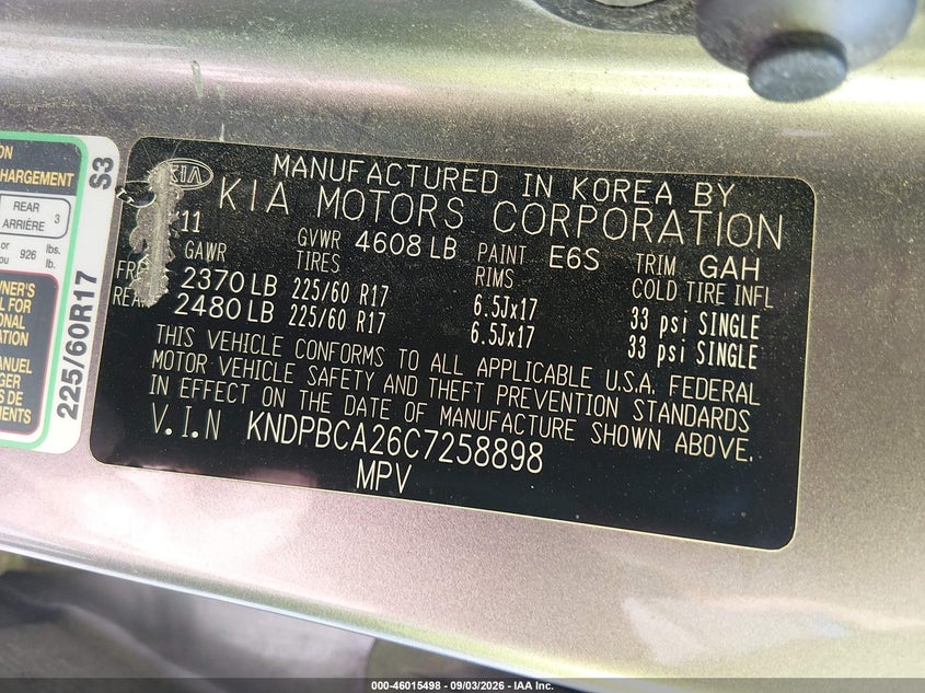 KIA SPORTAGE 2012 VIN KNDPBCA26C7258898