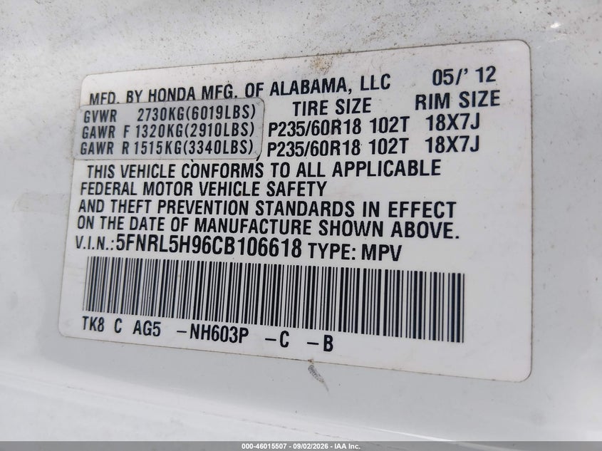 HONDA ODYSSEY 2012 VIN 5FNRL5H96CB106618