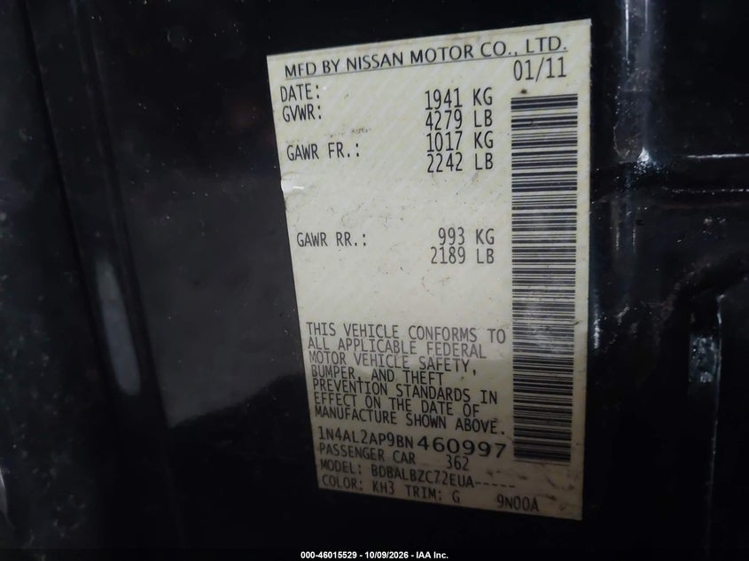 NISSAN ALTIMA 2011 VIN 1N4AL2AP9BN460997