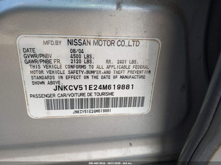 INFINITI G35 2004 VIN JNKCV51E24M619881
