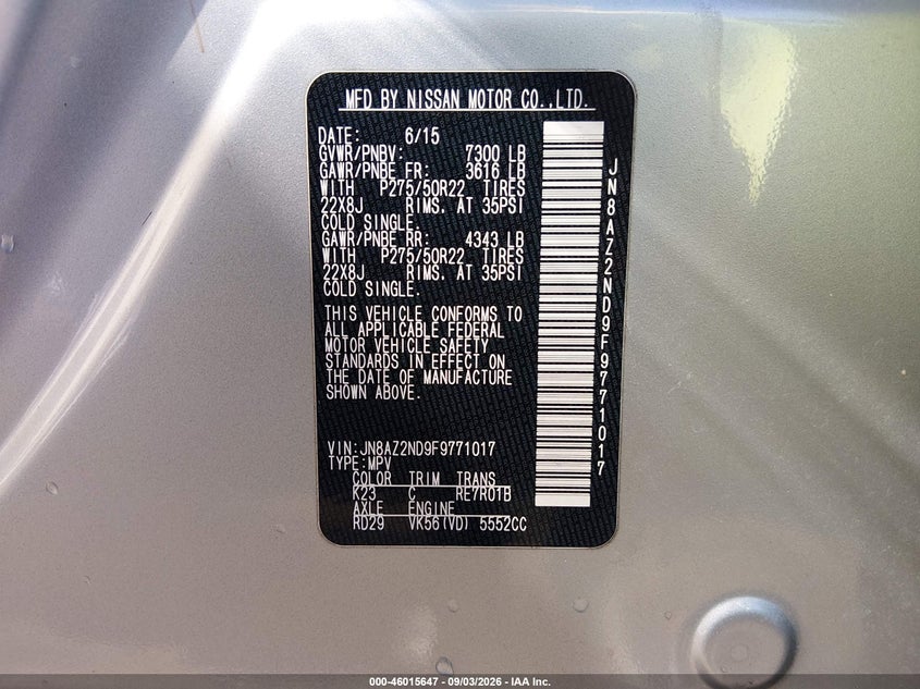 INFINITI QX80 2015 VIN JN8AZ2ND9F9771017