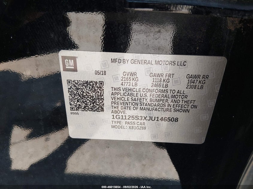 CHEVROLET IMPALA 2018 VIN 1G1125S3XJU146508