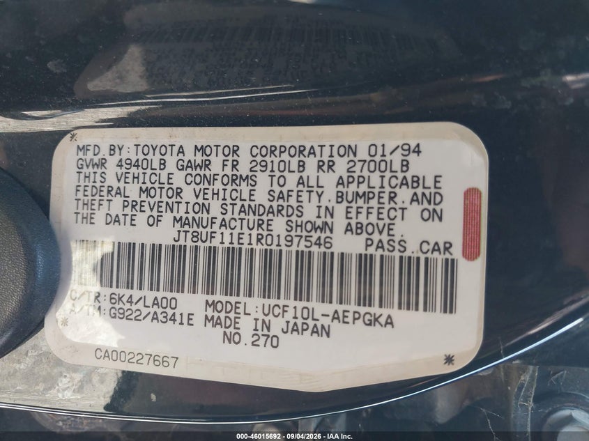 1994 LEXUS LS SEDAN 4.0L V8 FI DOHC 24V F