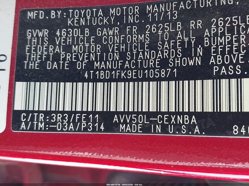 TOYOTA CAMRY HYBRID 2014 VIN 4T1BD1FK9EU105871