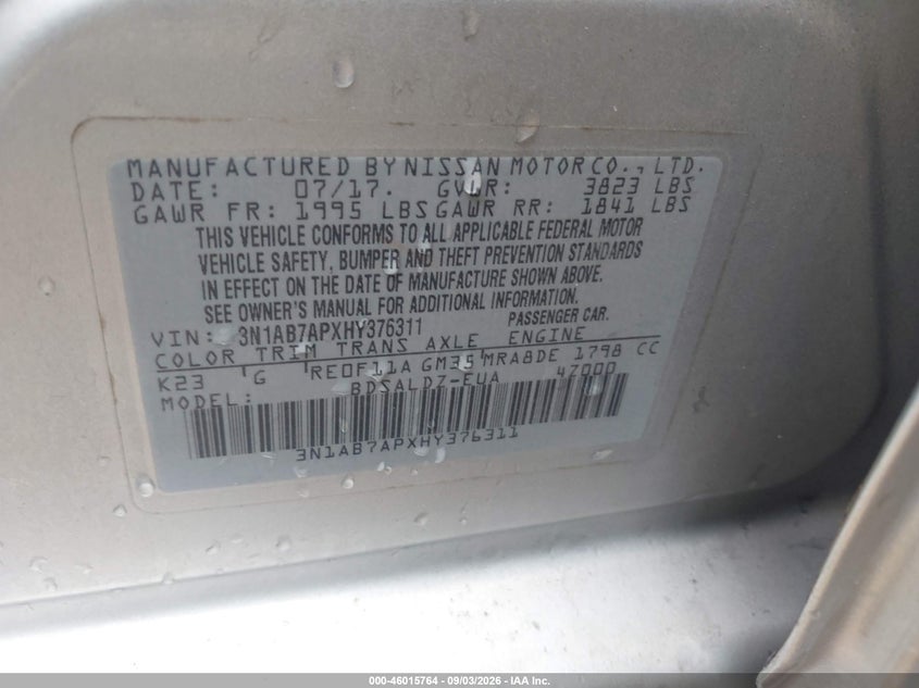 NISSAN SENTRA 2017 VIN 3N1AB7APXHY376311