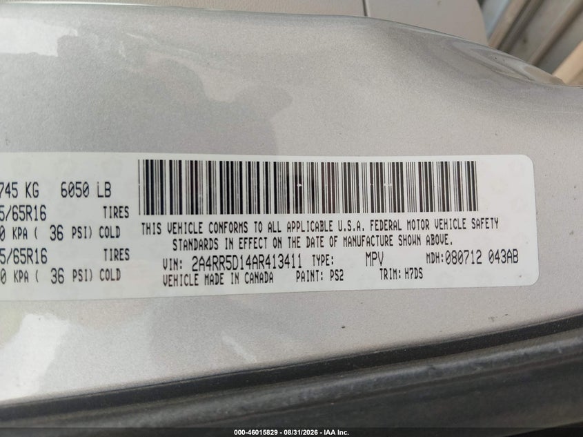 CHRYSLER TOWN & COUNTRY 2010 VIN 2A4RR5D14AR413411