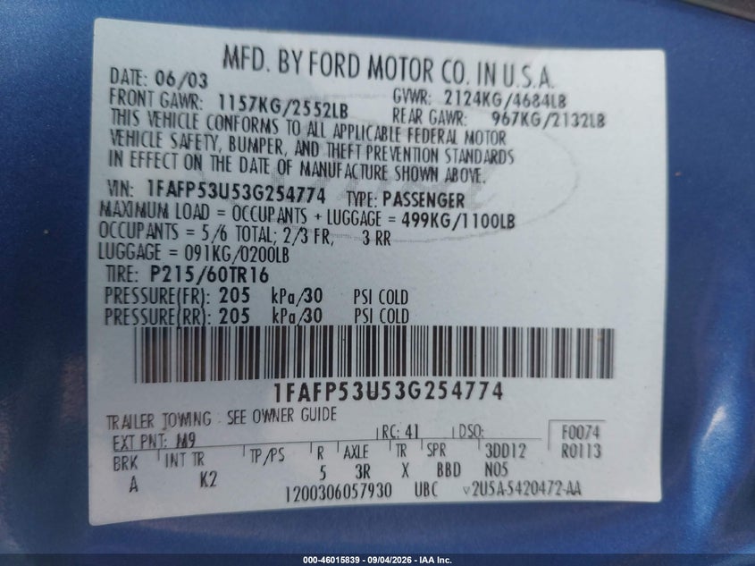 FORD TAURUS 2003 VIN 1FAFP53U53G254774