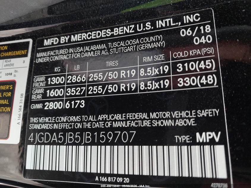 MERCEDES-BENZ GLE 350 2018 VIN 4JGDA5JB5JB159707