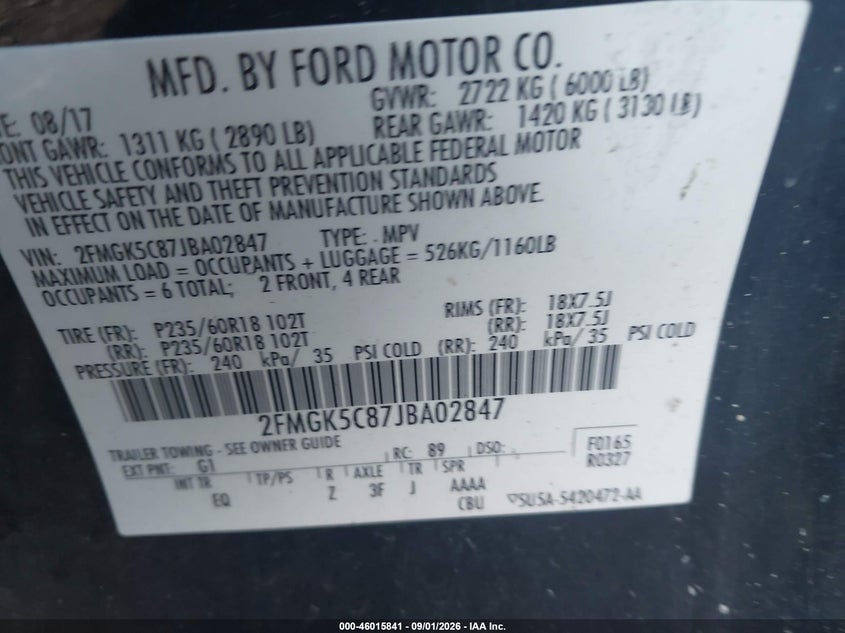 FORD FLEX 2018 VIN 2FMGK5C87JBA02847