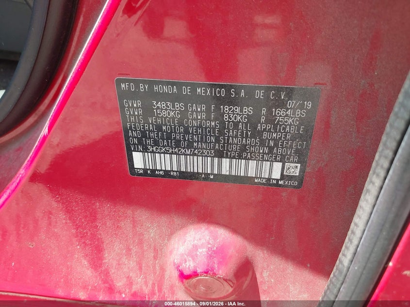 HONDA FIT 2019 VIN 3HGGK5H42KM742303