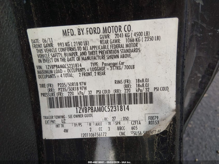FORD MUSTANG 2012 VIN 1ZVBP8AM0C5231814