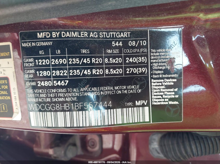 MERCEDES-BENZ GLK 350 2011 VIN WDCGG8HB1BF557444