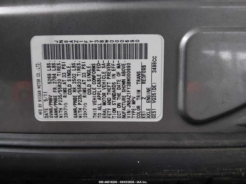 NISSAN MURANO CROSSCABRIOLET 2011 VIN JN8AZ1FY3BW000690