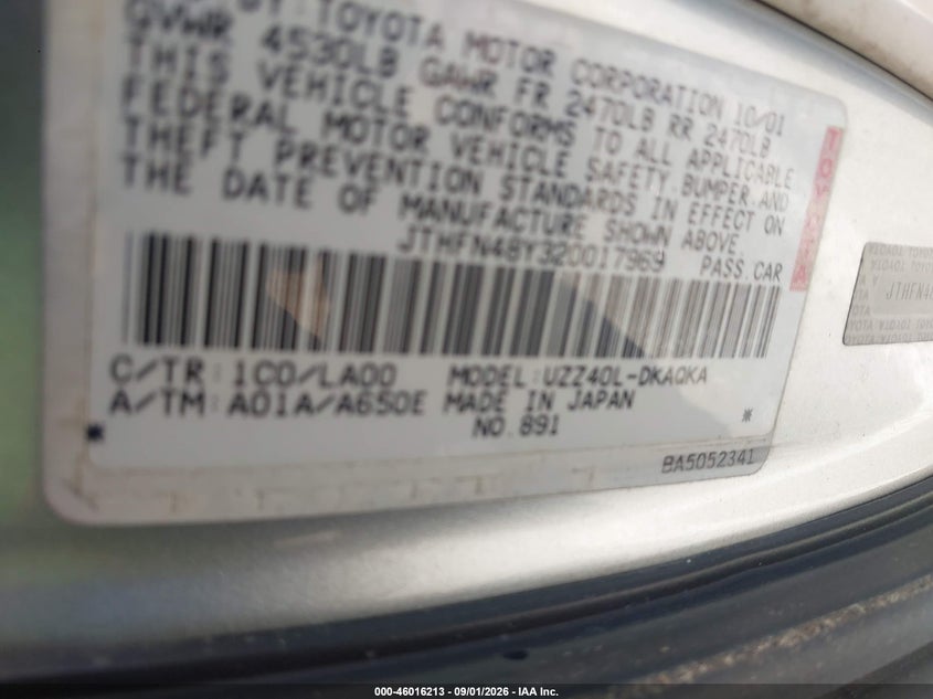 LEXUS SC 430 2002 VIN JTHFN48Y320017969