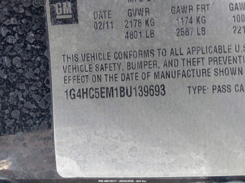 BUICK LUCERNE 2011 VIN 1G4HC5EM1BU139693