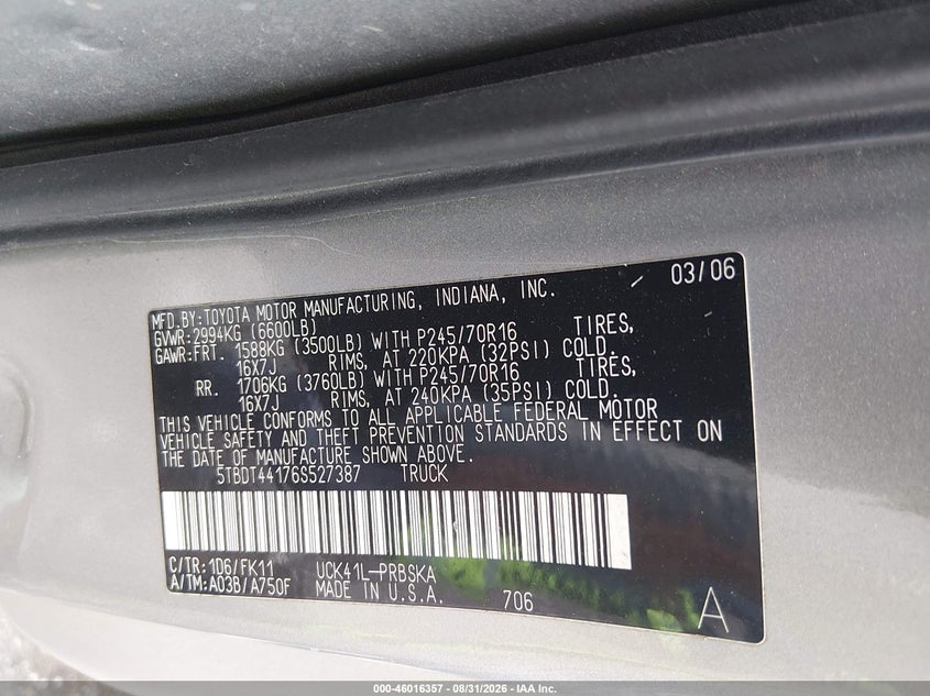 TOYOTA TUNDRA 2006 VIN 5TBDT44176S527387