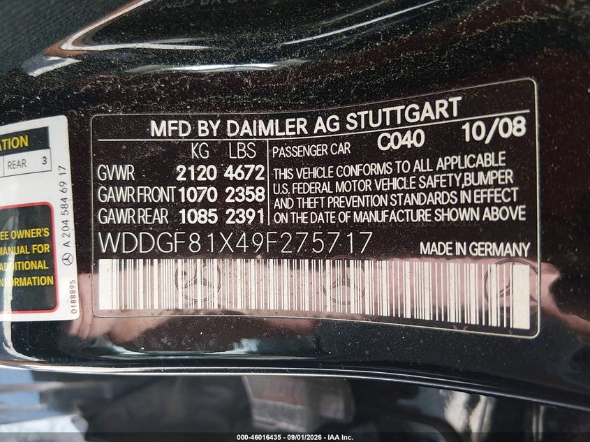MERCEDES-BENZ C 300 2009 VIN WDDGF81X49F275717