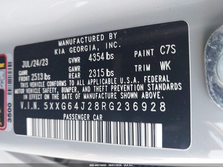 KIA K5 2024 VIN 5XXG64J28RG236928