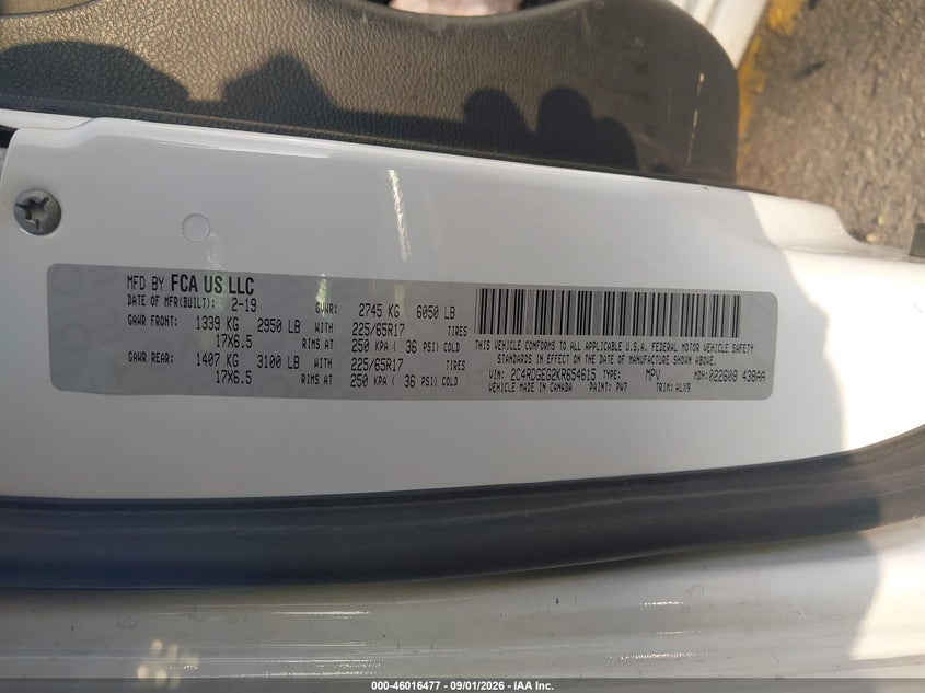 DODGE GRAND CARAVAN 2019 VIN 2C4RDGEG2KR654615