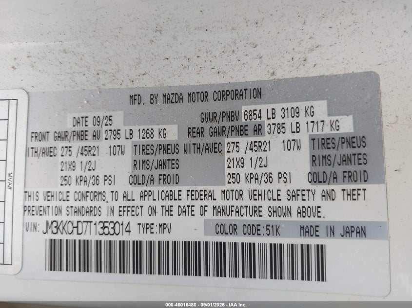 MAZDA CX-90 2026 VIN JM3KKCHD7T1353014