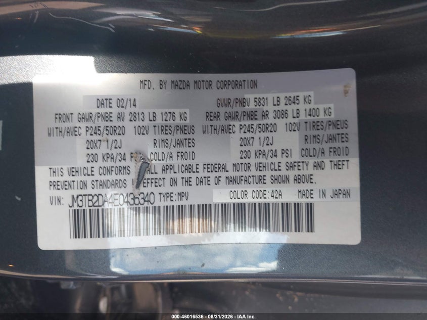 MAZDA CX-9 2014 VIN JM3TB2DA4E0436340