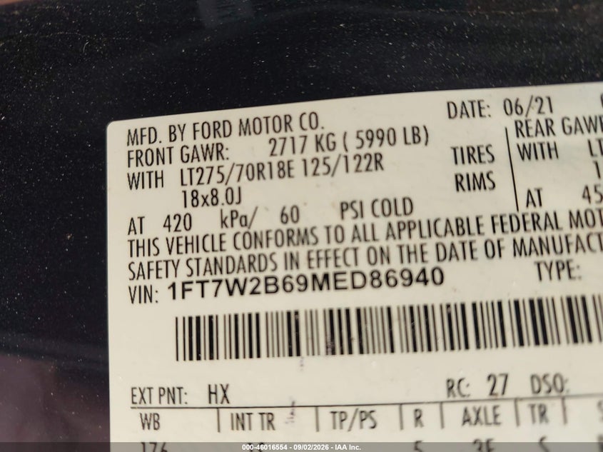 FORD F-250 2021 VIN 1FT7W2B69MED86940