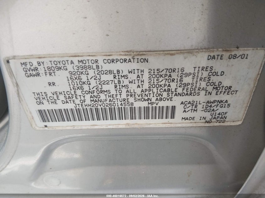 TOYOTA RAV4 2002 VIN JTEHH20V026014558