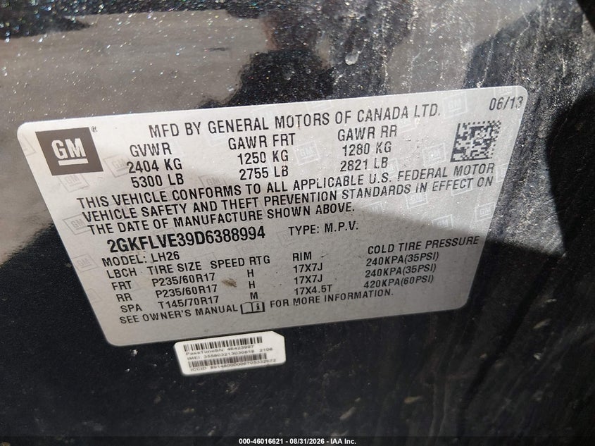 GMC TERRAIN 2013 VIN 2GKFLVE39D6388994