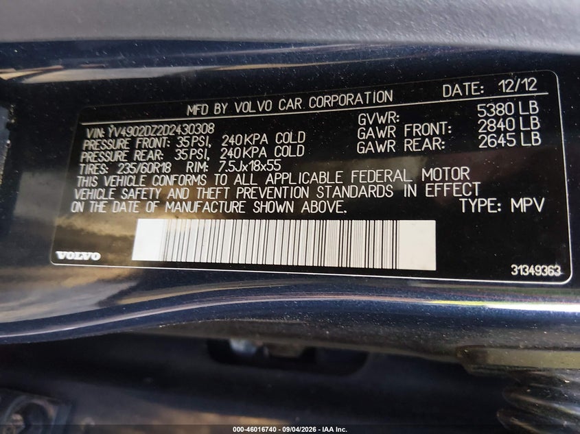 VOLVO XC60 2013 VIN YV4902DZ2D2430308