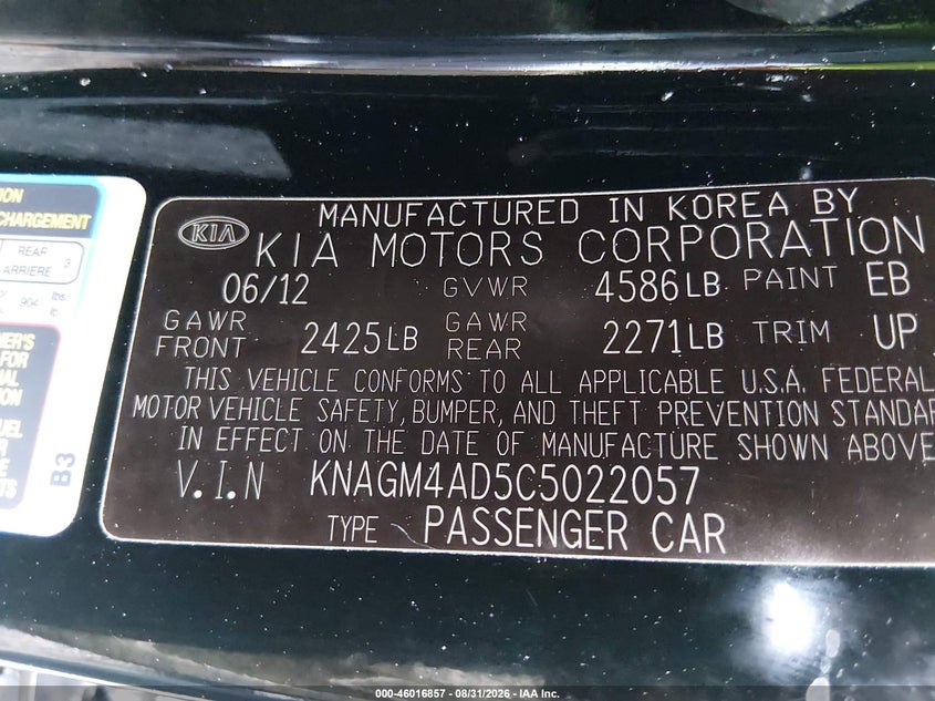 KIA OPTIMA HYBRID 2012 VIN KNAGM4AD5C5022057