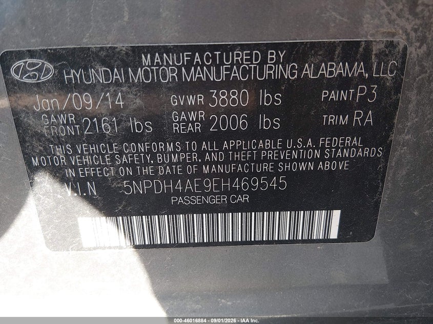HYUNDAI ELANTRA 2014 VIN 5NPDH4AE9EH469545