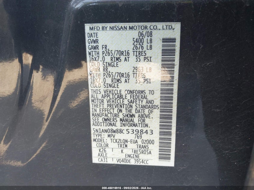 NISSAN XTERRA 2008 VIN 5N1AN08W88C539843