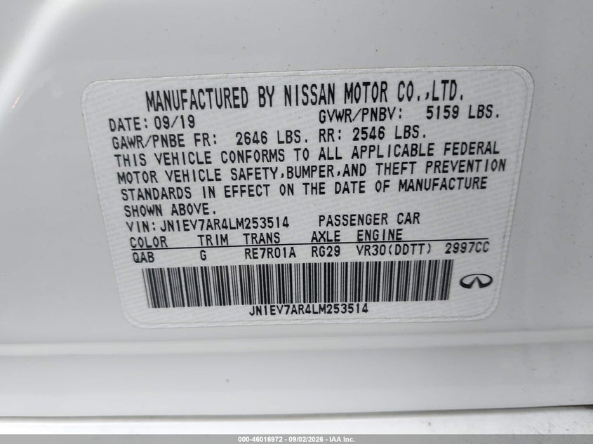 INFINITI Q50 2020 VIN JN1EV7AR4LM253514