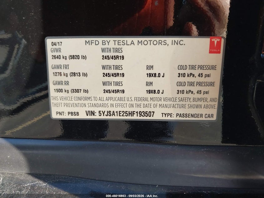 TESLA MODEL S 2017 VIN 5YJSA1E25HF193507