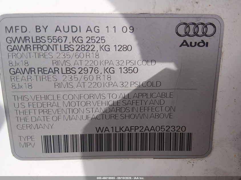 AUDI Q5 2010 VIN WA1LKAFP2AA052320