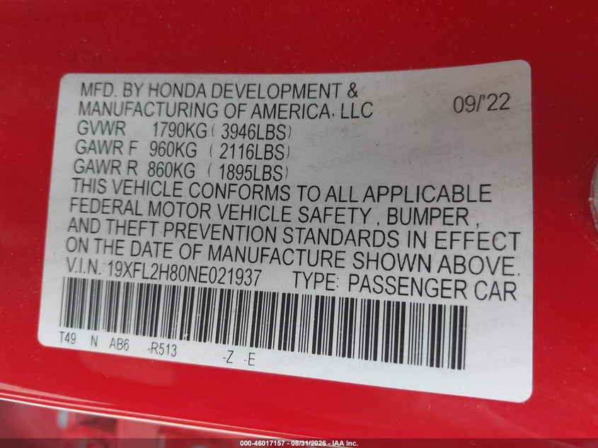 HONDA CIVIC 2022 VIN 19XFL2H80NE021937