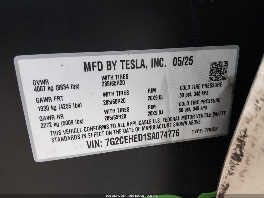 TESLA CYBERTRUCK 2025 VIN 7G2CEHED1SA074776