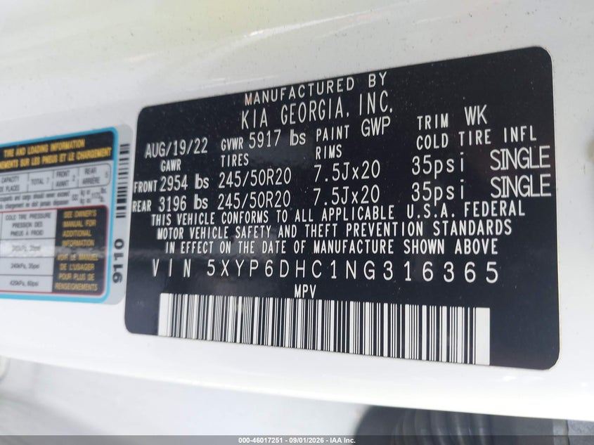 KIA TELLURIDE 2022 VIN 5XYP6DHC1NG316365