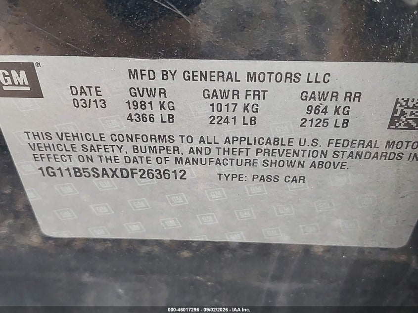 CHEVROLET MALIBU 2013 VIN 1G11B5SAXDF263612