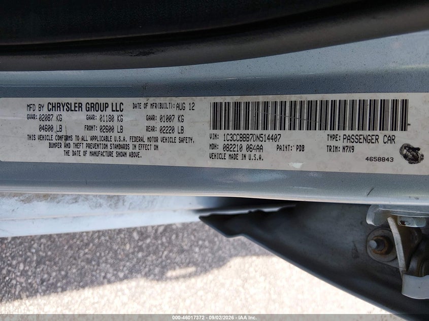 CHRYSLER 200 2013 VIN 1C3CCBBB7DN514407