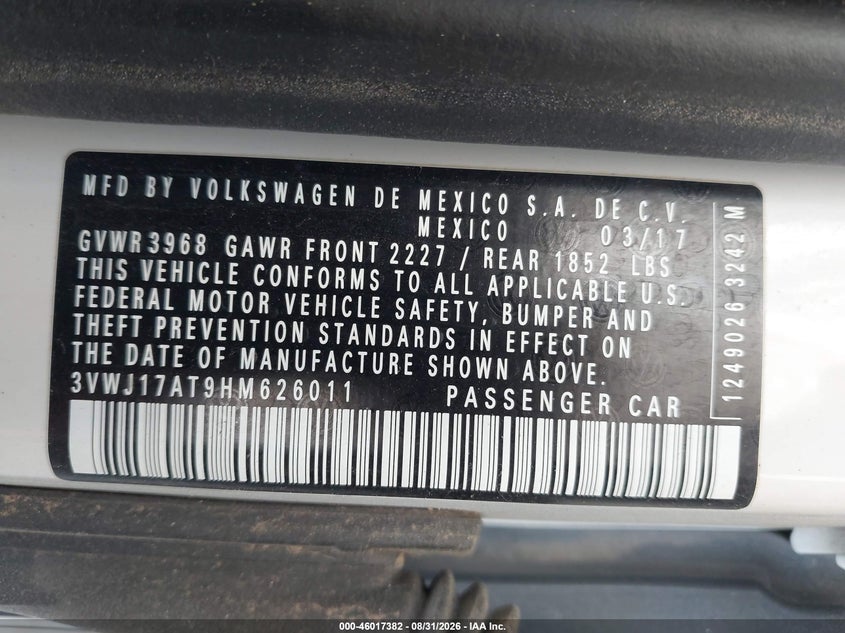 VOLKSWAGEN BEETLE 2017 VIN 3VWJ17AT9HM626011